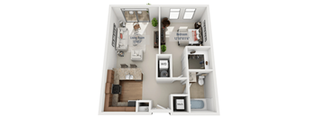 A diagram of a small apartment with a living room, bedroom, and bathroom.