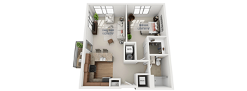 A 3D floor plan of a small apartment with a living room, bedroom, and bathroom.