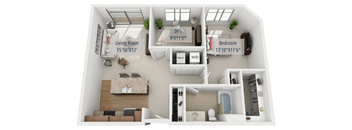 A 3D floor plan of a small apartment with a living room, bedroom, and kitchen.