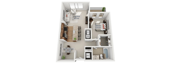A 3D floor plan of a small apartment with a living room, bedroom, and den/dining room.
