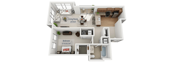 A 3D floor plan of a small apartment with a living room, bedroom, and kitchen.