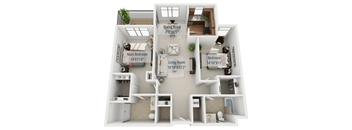 A 3D floor plan of a house showing a living room, dining room, kitchen, and two bedrooms.