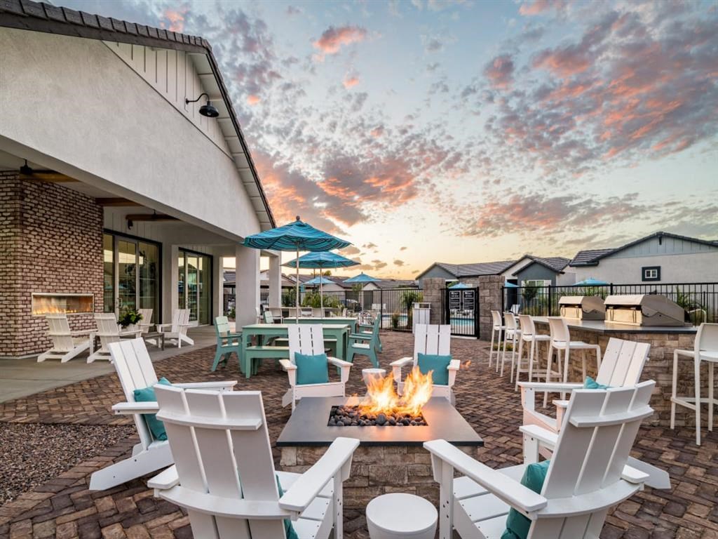 back patio with fire pit by the leasing office