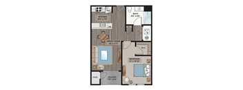 A floor plan of a small apartment with a kitchen, bathroom, great room, and bedroom.