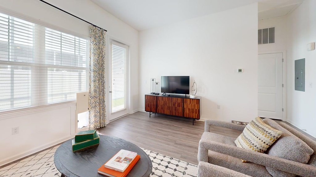 A living room with a grey couch, a black coffee table, a television, and a window with blinds.