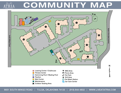 A map of a community with a leasing center, fitness center, swimming pool, and other amenities.