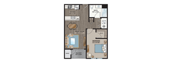 A floor plan of a house showing a kitchen, bathroom, great room, balcony, and bedrooms.