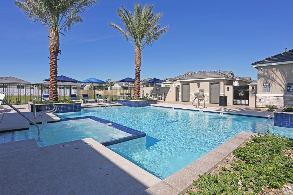 a large swimming pool with palm trees and houses in the background