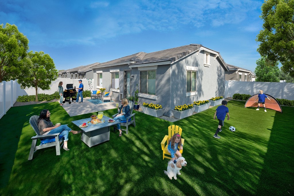 a rendering of a home with a family playing in the backyard