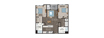 A floor plan of a house with a master bedroom, great room, and two bathrooms.