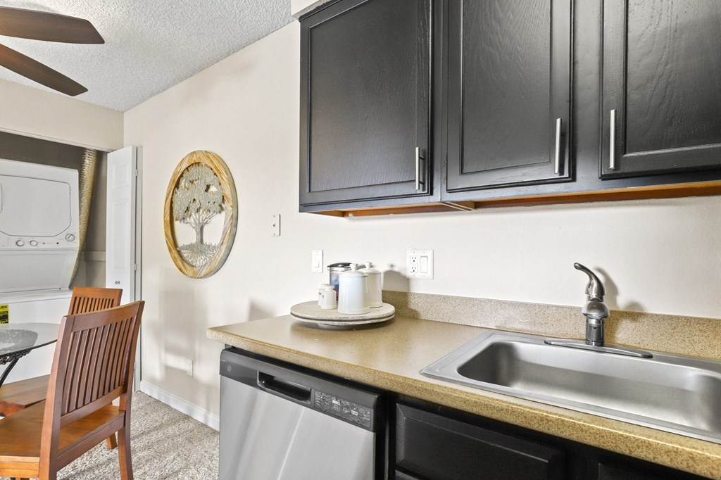 the kitchen of our studio apartment has a sink and a dishwasher