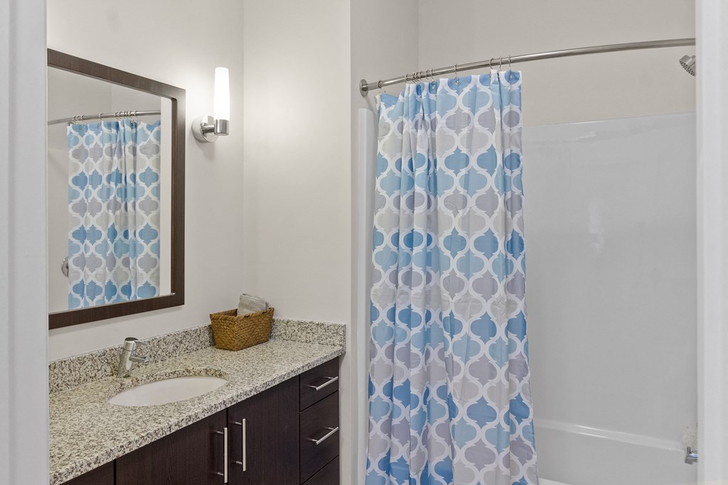 a bathroom with a shower sink and mirror at Cirrus Apartments, Ashland