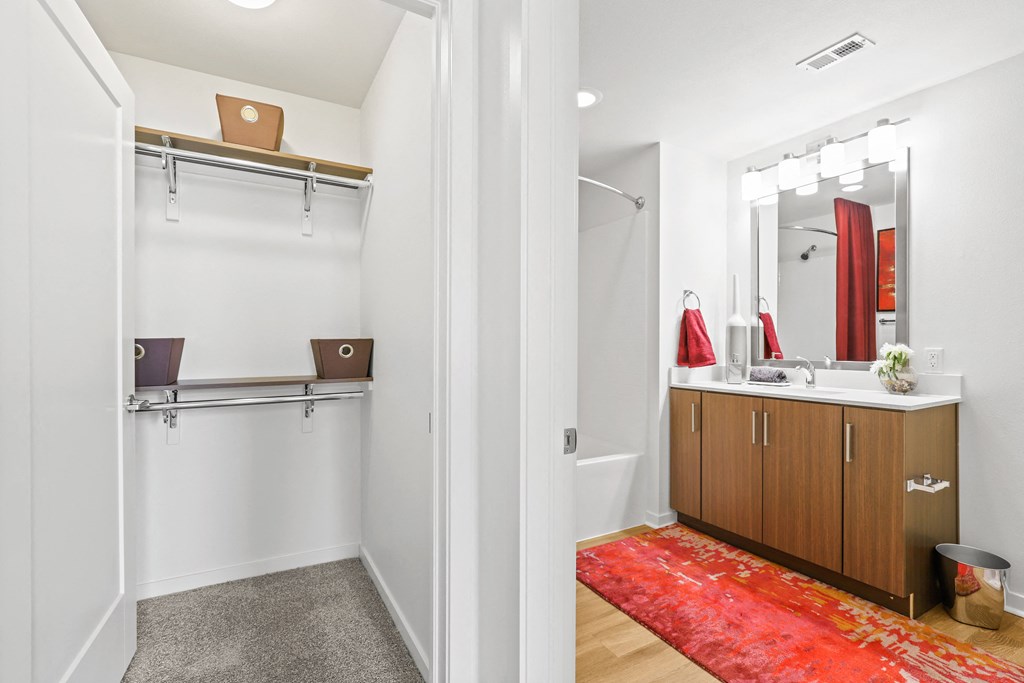 a bathroom with white walls and a red rug
