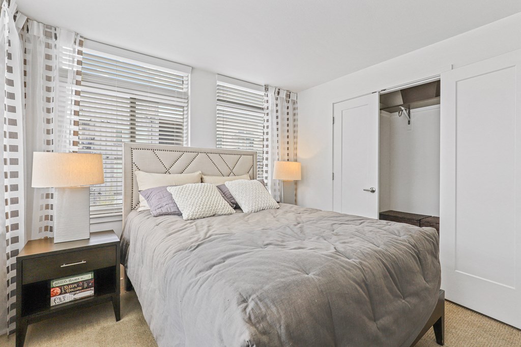 a bedroom with a bed and two windows