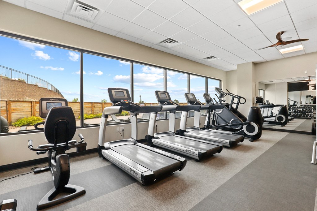an image of a gym with cardio equipment and windows with a blue sky in the background at Union West Apartments, Lakewood