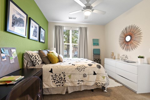Bedroom With Ceiling Fan at WestLink at Oak Station, Lakewood
