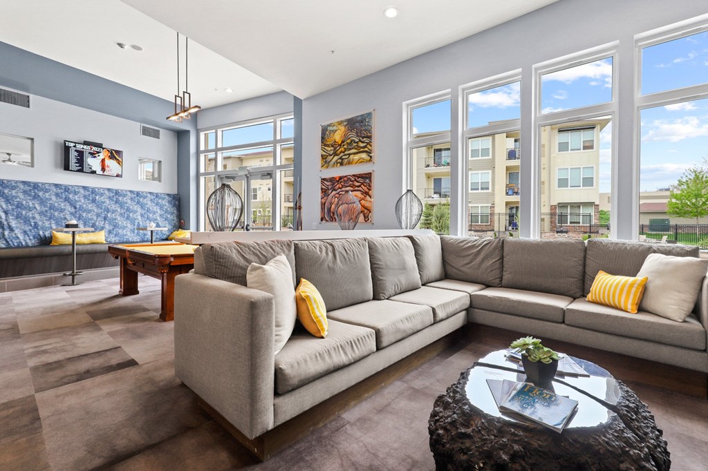 couch in clubhouse at Westlink at Oak Station Apartments in Lakewood, CO