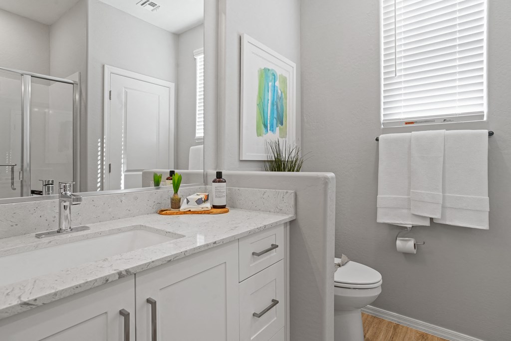 a bathroom with a sink and a toilet and a mirror at Sienna at South Mountain Apartments, Laveen