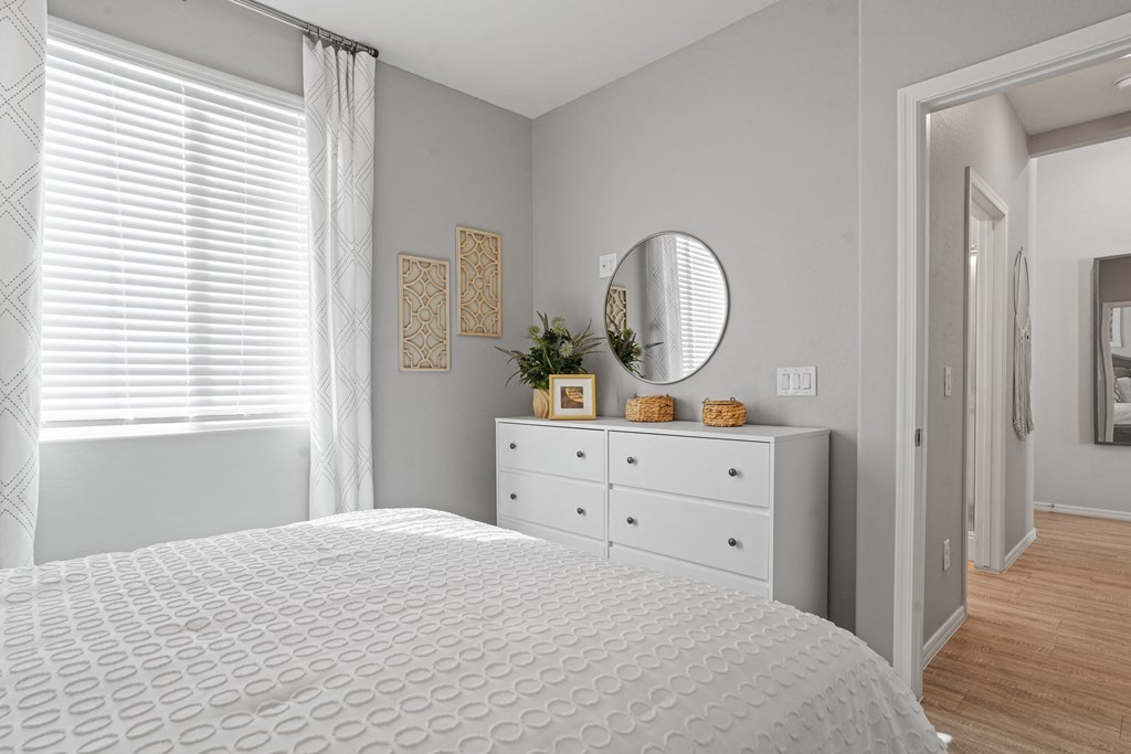 bedroom with mirror and dresser at Sienna at South Mountain Apartments, Arizona, 85339