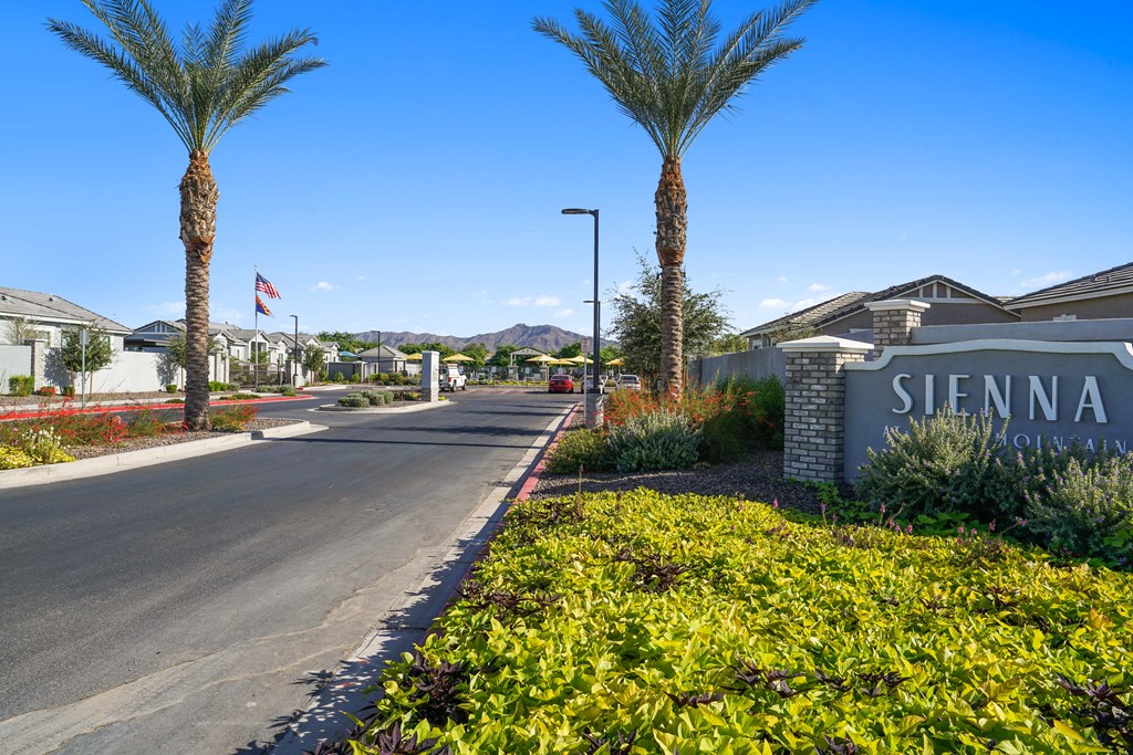 a street with palm trees and a sign that says Sienna at South Mountain at Sienna at South Mountain Apartments, Laveen, Arizona