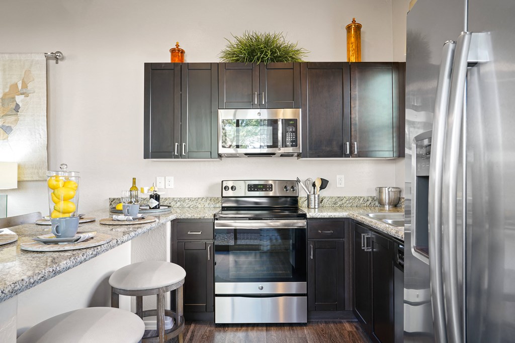 a kitchen with stainless steel appliances and black cabinets