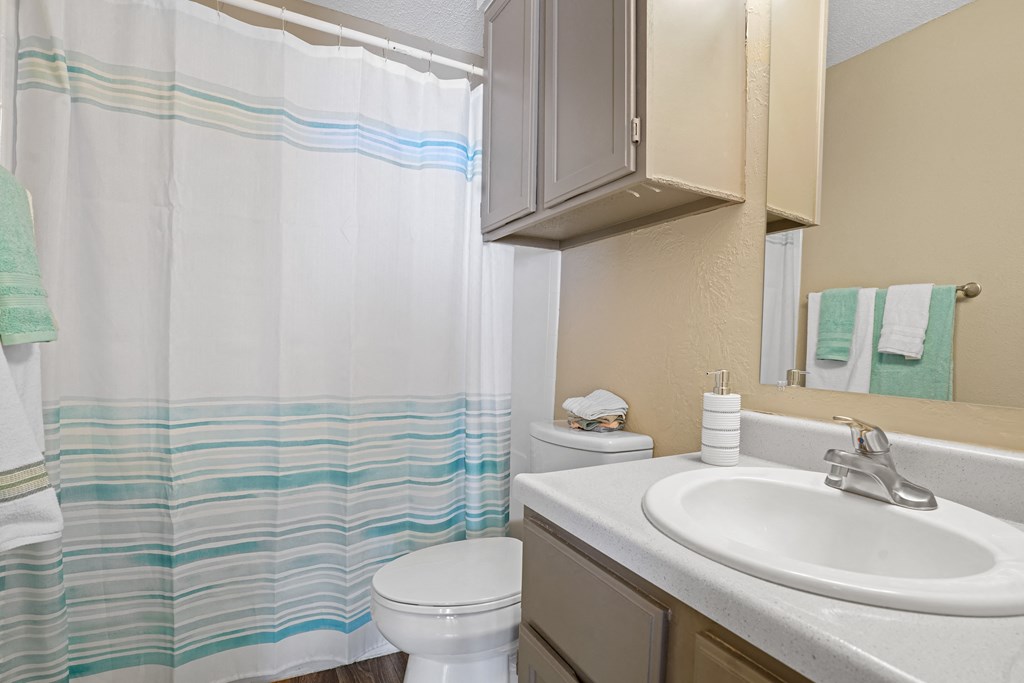 bathroom with brown cabinets, white sink and toilet