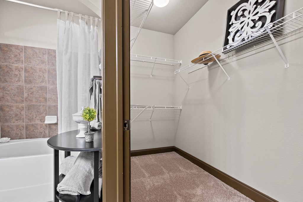a bathroom with a shower and a tub and a table at The Millennium Towne Center Apartments, Baton Rouge