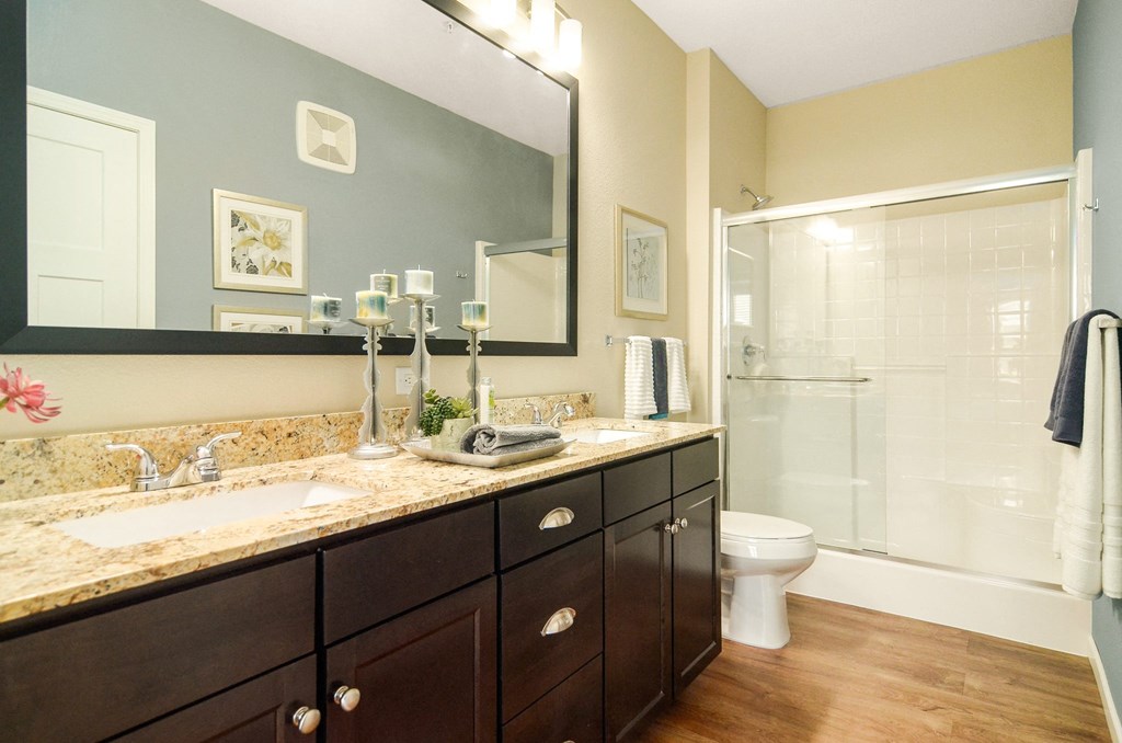 a bathroom with a large mirror and a toilet next to a shower at Skye at Arbor Lakes, Maple Grove, Minnesota