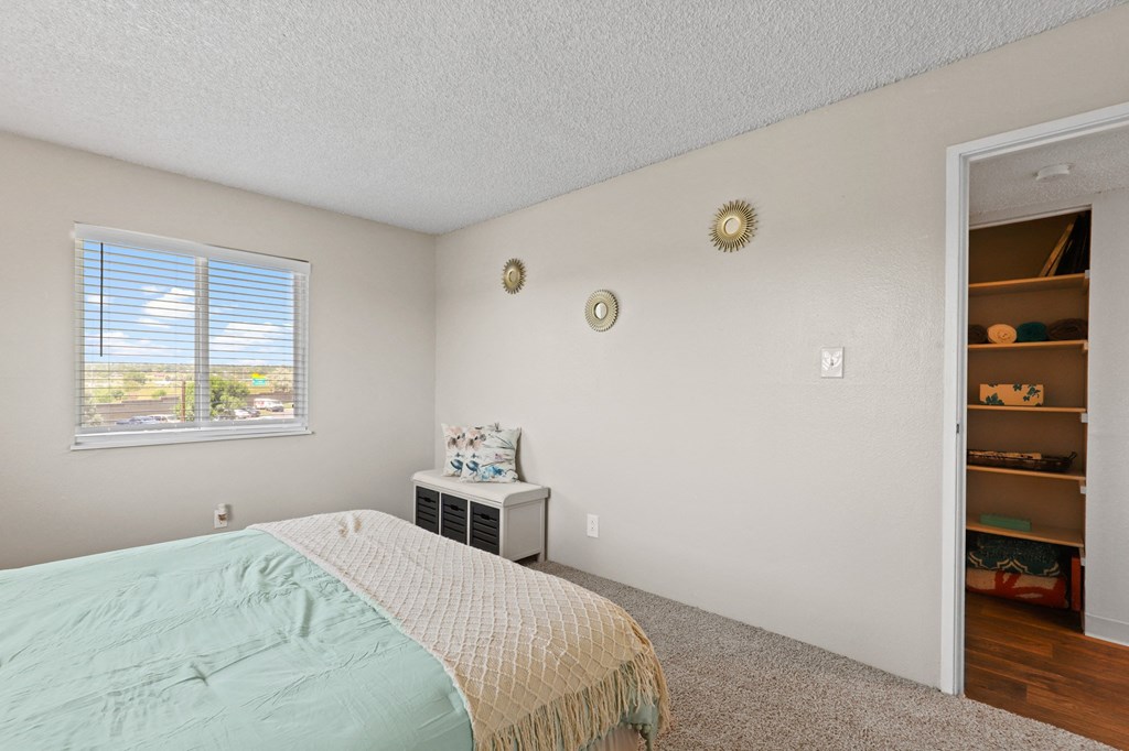 a bedroom with a bed and a bookcase