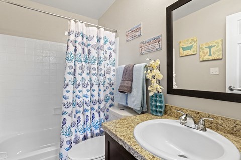 a bathroom with a sink toilet and shower at Park 88 Apartments, Thornton, CO