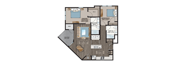 A floor plan of a house with a great room, two master bedrooms, two bathrooms, a kitchen, and a balcony.