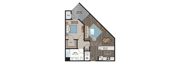 A floor plan of a house with a balcony, bedroom, bathroom, great room, and kitchen.