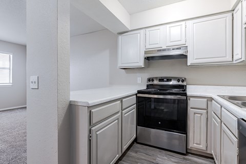 A kitchen with white cabinets and a stainless steel oven.