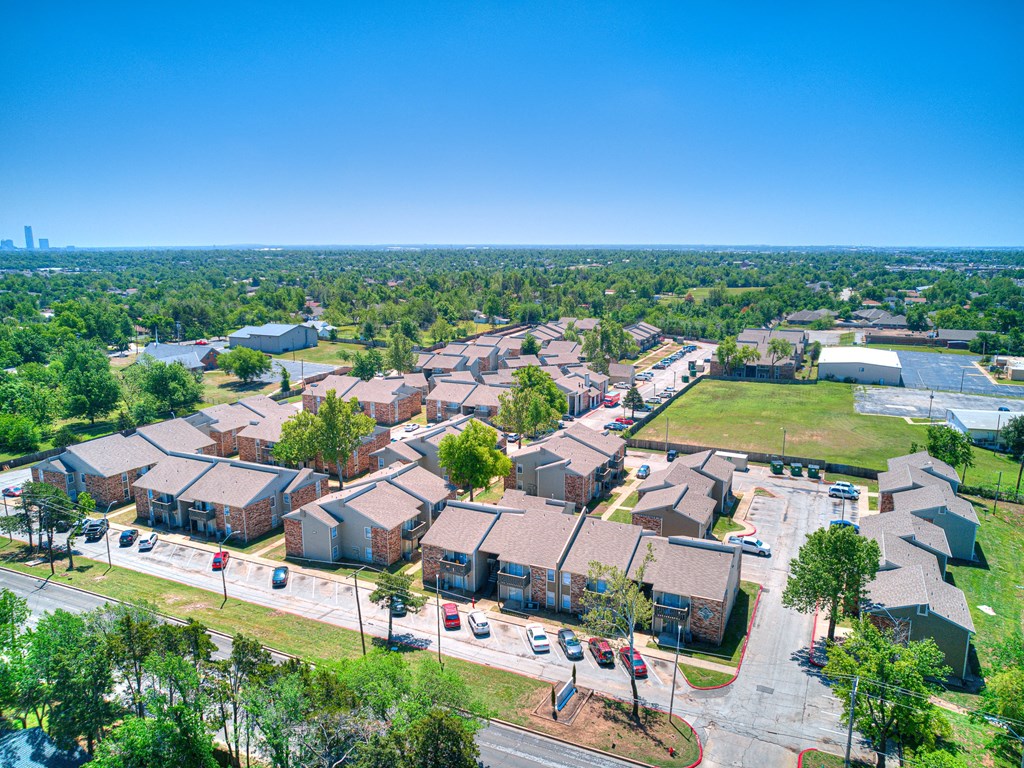 an aerial view of a neighborhood with houses and a parking lot at Diamond  Trail Apartments, Oklahoma City, OK, 73112