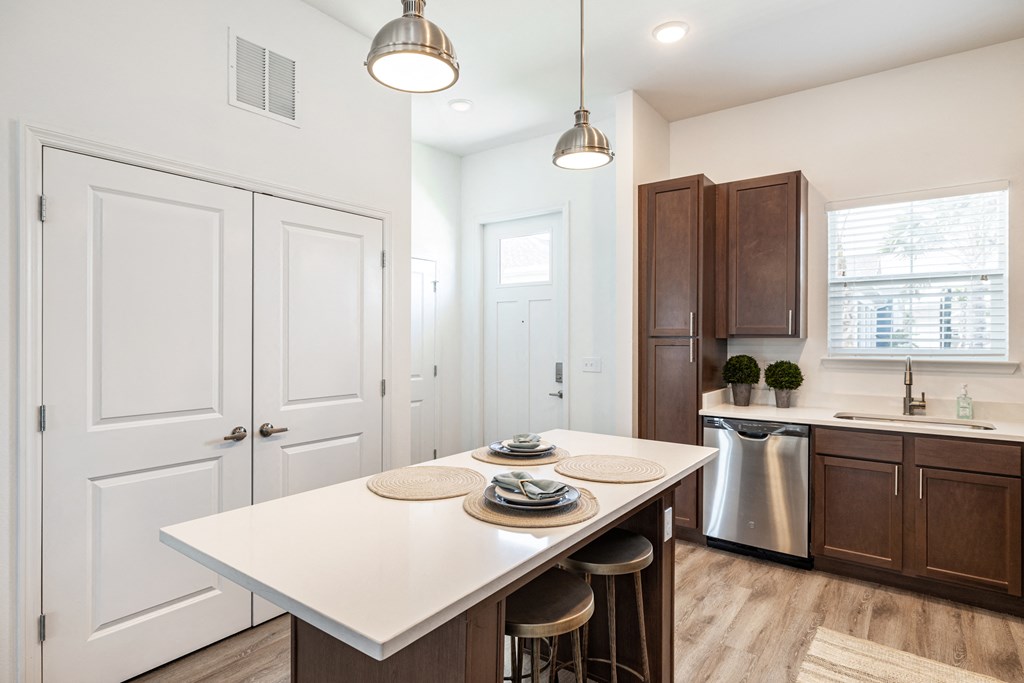 Gourmet kitchen with an island at Estia at Lakewood Ranch, Florida, 34211