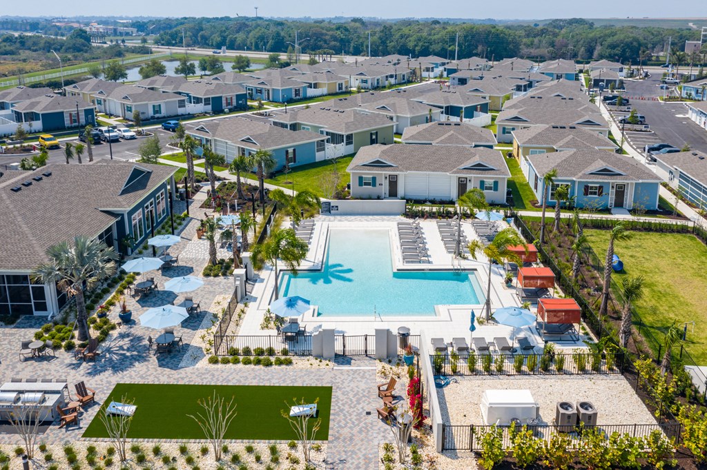 Aerial view of the swimming pool and sun deck at Estia at Lakewood Ranch, Bradenton, FL