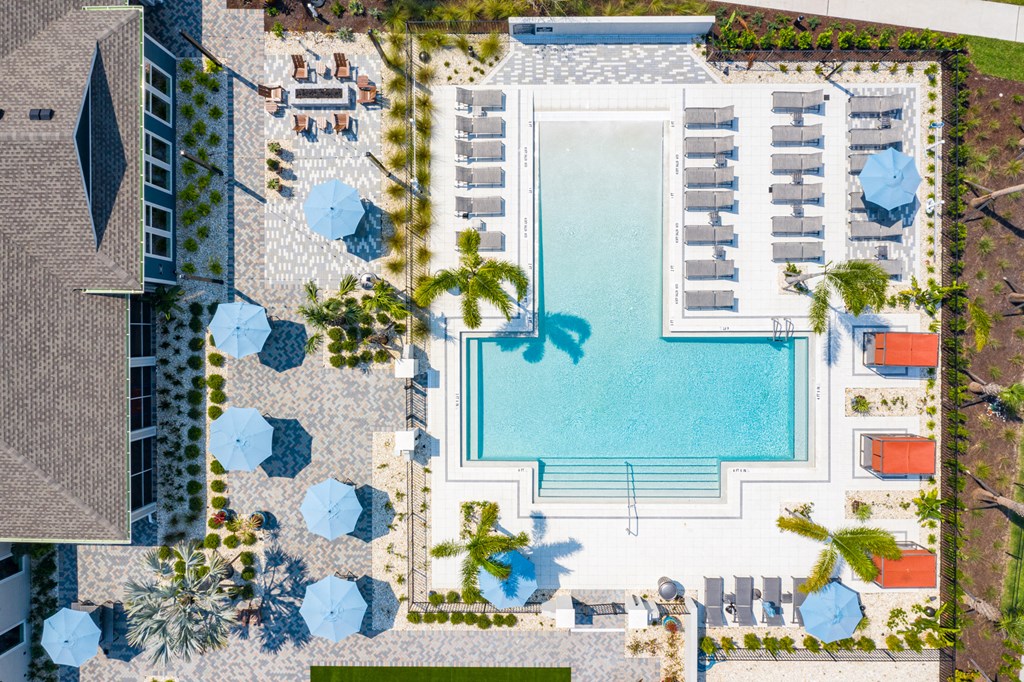 Aerial view of the swimming pool and sun deck at Estia at Lakewood Ranch, Bradenton