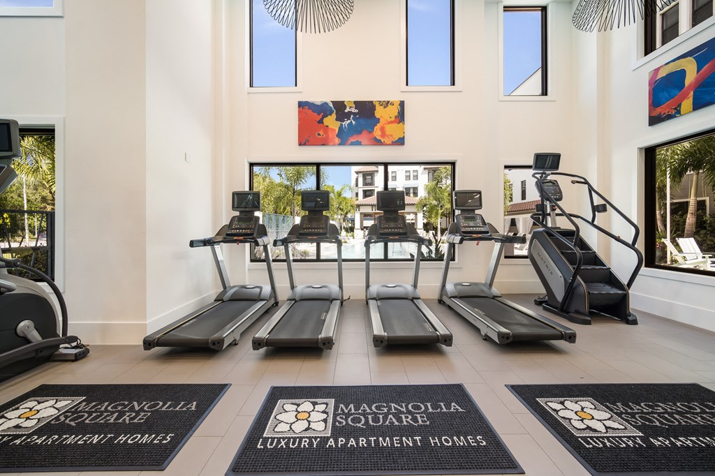 a row of treadmills in a fitness room with windows at Magnolia Square, Naples, 34109