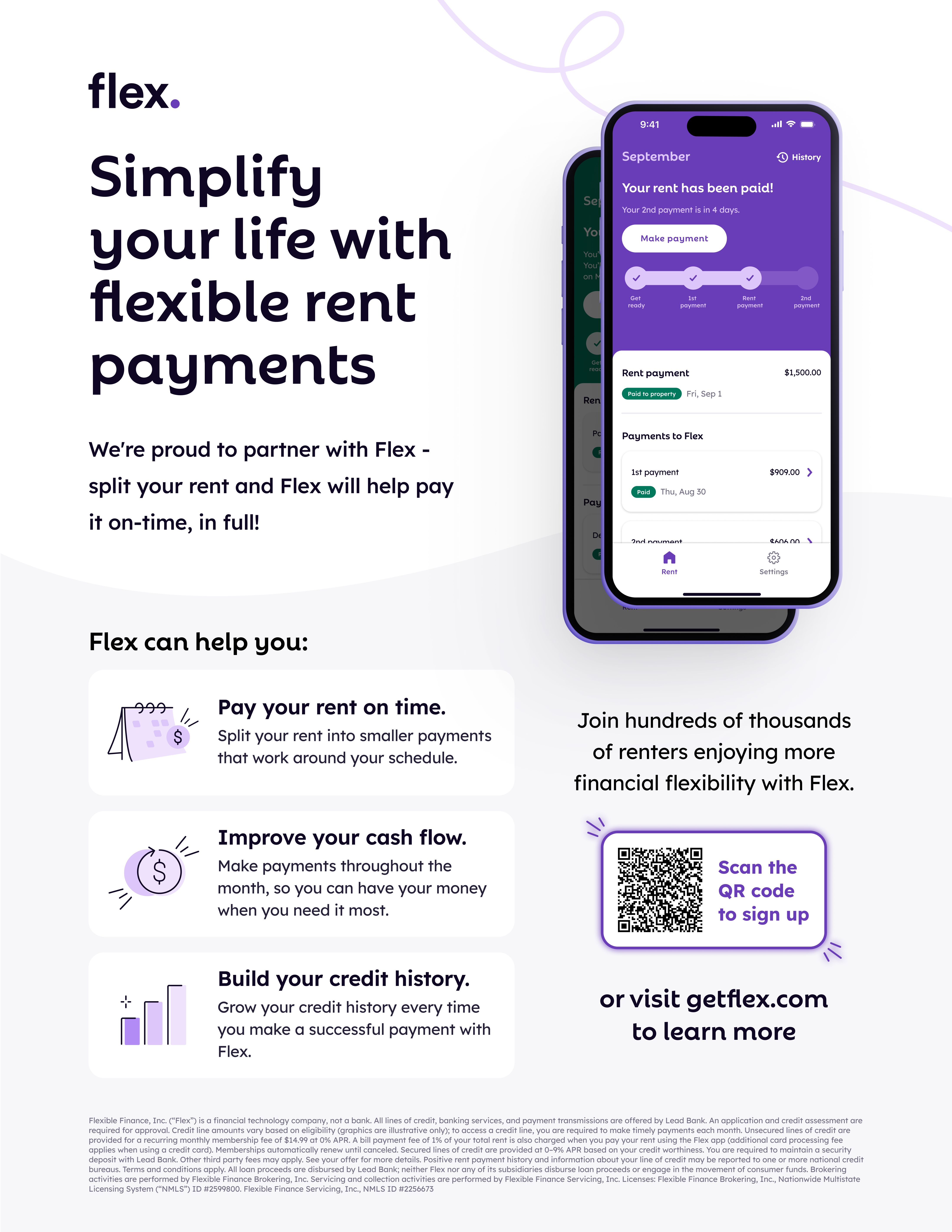An advertisement for Flex, a service that simplifies life with flexible rent payments, showing a phone with the app interface and benefits listed.