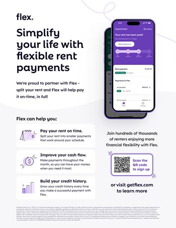 An advertisement for Flex, a service that simplifies life with flexible rent payments, showing a phone with the app interface and benefits listed.