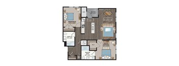 A floor plan of a house with a master bedroom, two bathrooms, a balcony, and a great room.