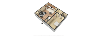 A 3D floor plan of a house with a living room, kitchen, dining room, and bedrooms.