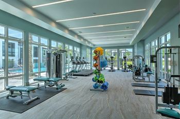 the gym in the lobby of the building at The Addison on Long Bayou Apartments, Seminole, Florida