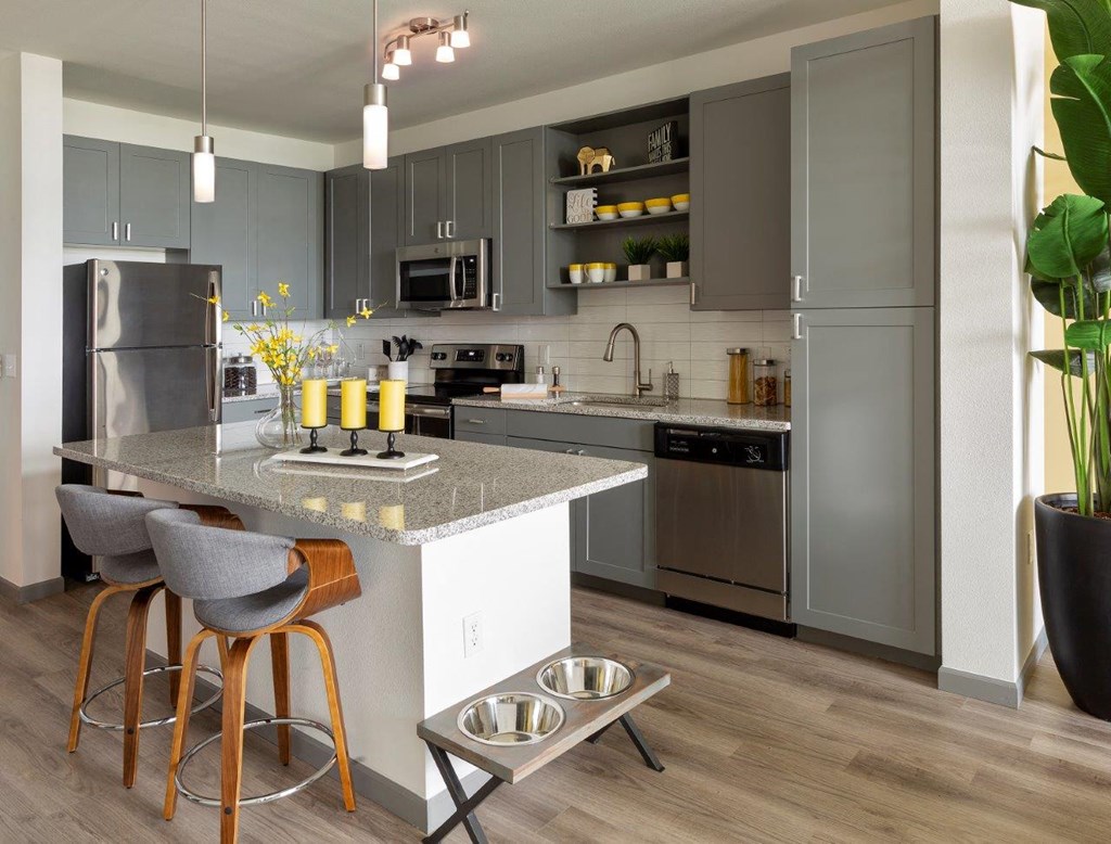 a kitchen with stainless steel appliances and gray cabinets