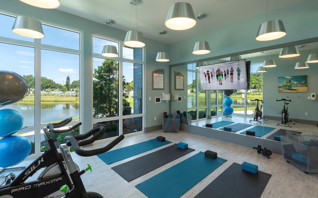 a home gym with a view of the water