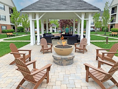 Fire pit by a gazebo at The Mercer at Lawrence Station, Lawrence Township
