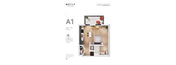 A1 studio apartment layout with a kitchen, living room, and bathroom.