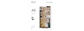 A2 studio apartment layout with a bathroom and kitchen.
