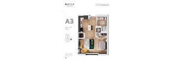 A3 studio apartment floor plan with a bathroom and kitchen.