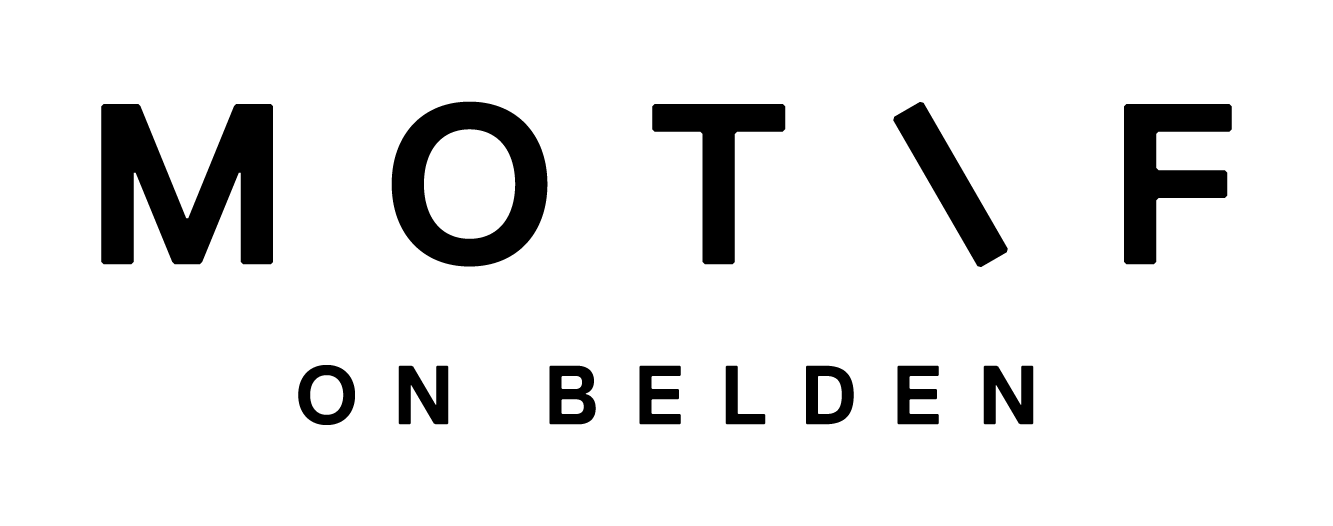 A green background with the text "MOTIF ON BELDEN" in black.